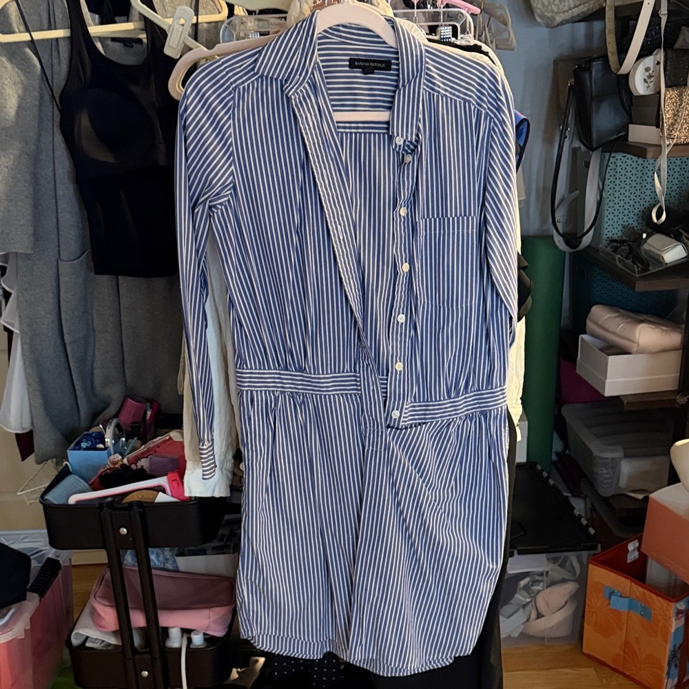 Banana Republic Navy and White Striped Shirt Dress